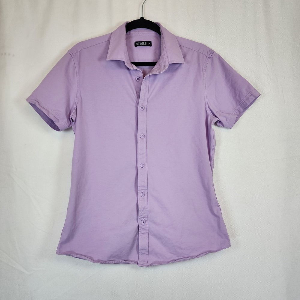 Steele Stretch Short Sleeve Button Up Slim Fit Shirt Purple Cotton Mens M